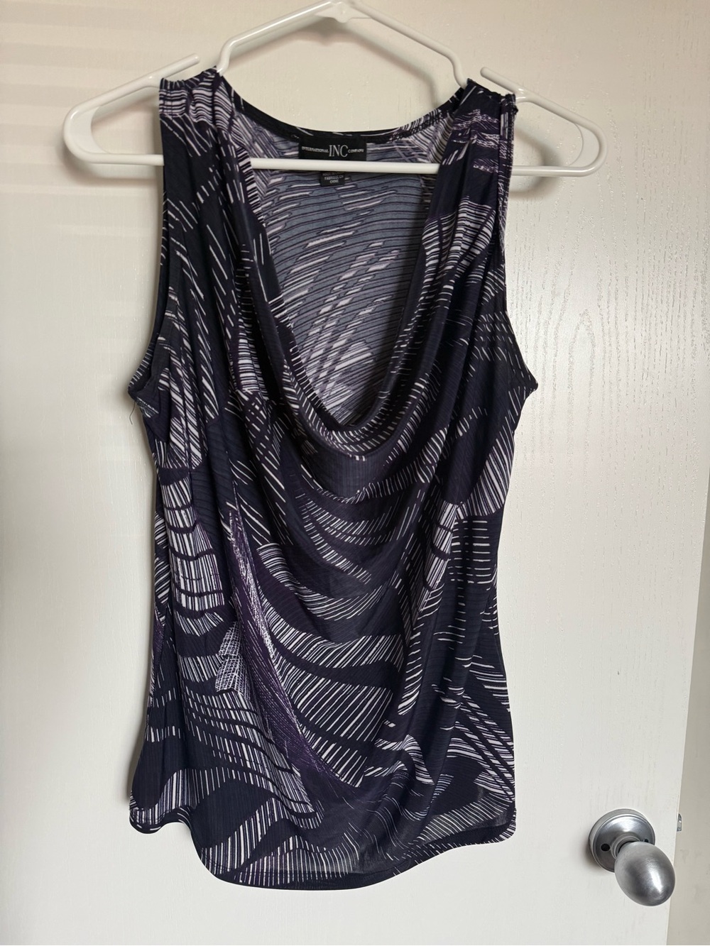 INC International Company Black and Purple Printed Drape Neck Tank Womens Large